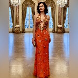 Elegant Orange hand beaded Halter peacock Evening Gown